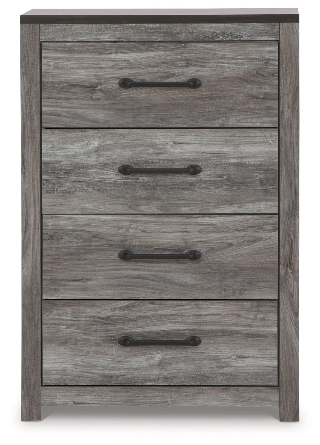 Bronyan King Panel Bed with Mirrored Dresser and Chest in Dark Gray