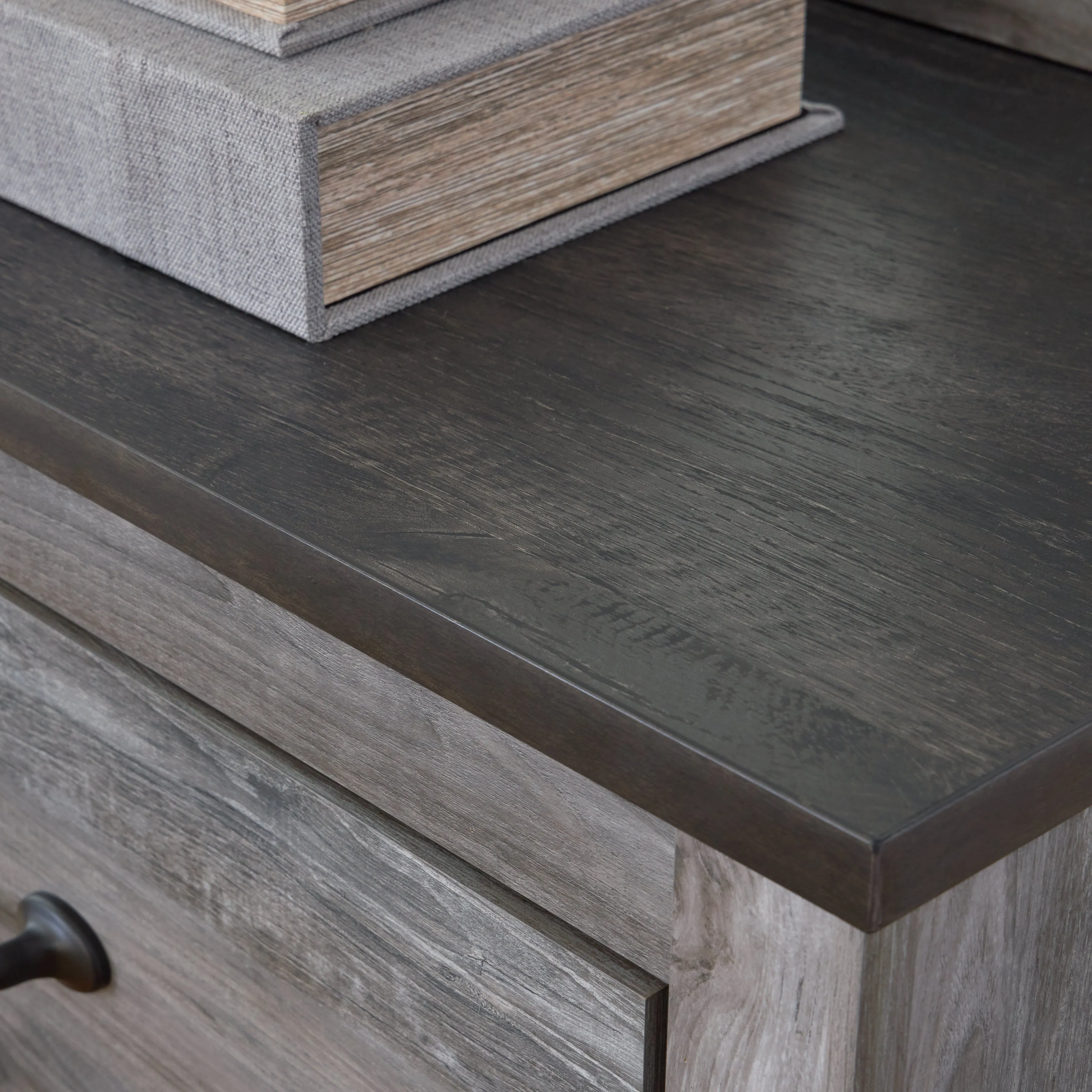Bronyan King Panel Bed with Mirrored Dresser and Chest in Dark Gray