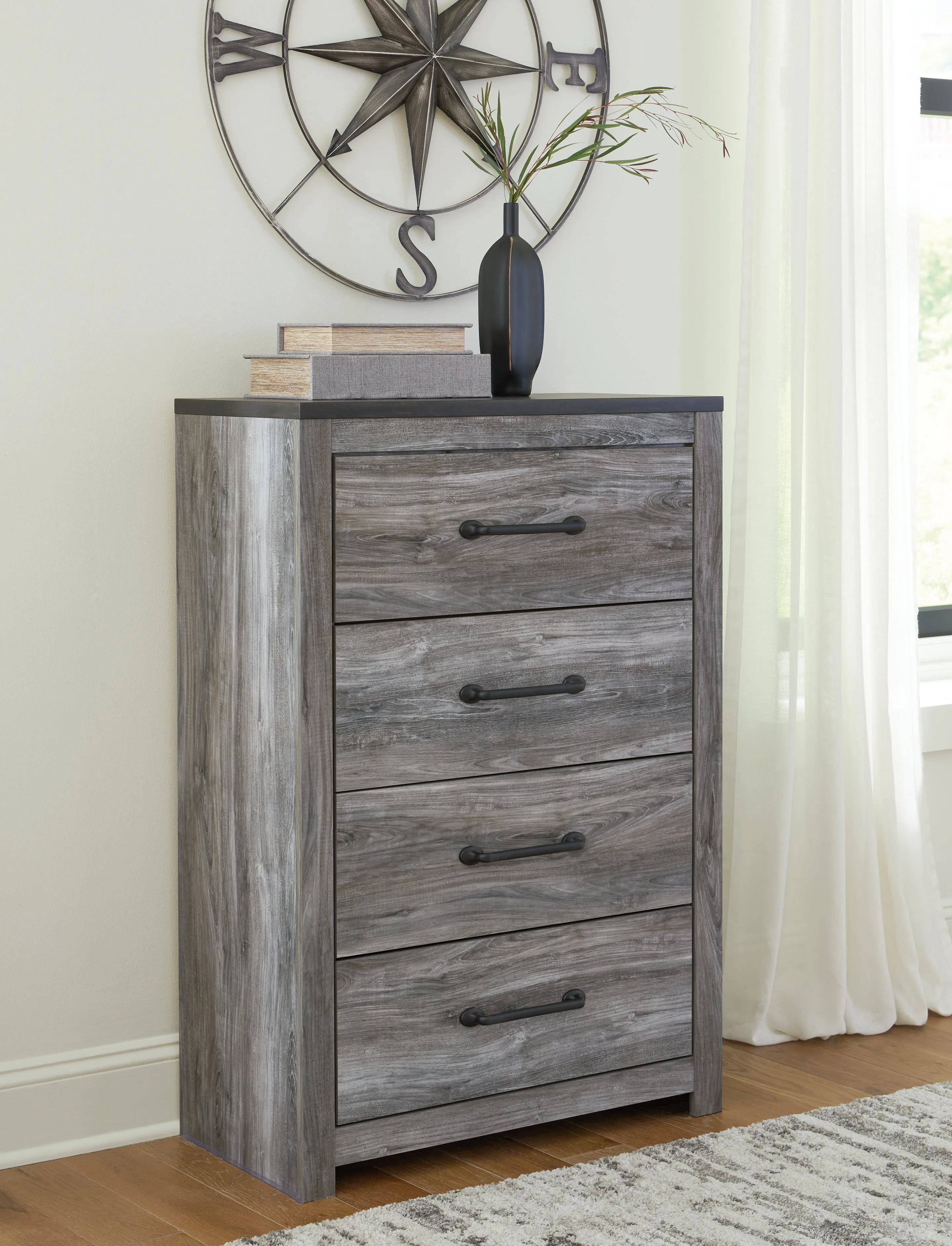 Bronyan King Panel Bed with Mirrored Dresser and Chest in Dark Gray