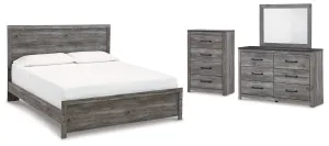 Bronyan King Panel Bed with Mirrored Dresser and Chest in Dark Gray