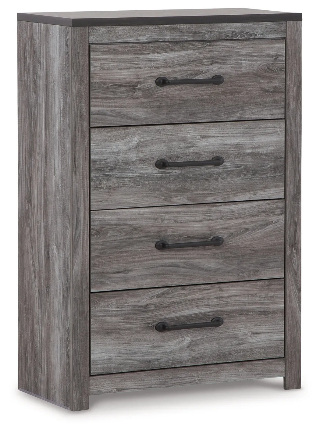 Bronyan King Panel Bed with Mirrored Dresser and Chest in Dark Gray