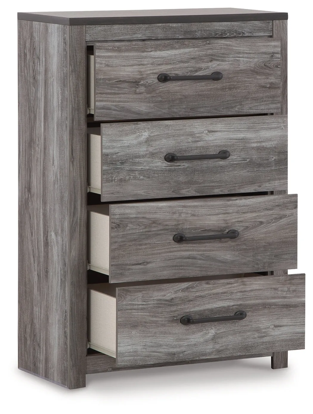 Bronyan King Panel Bed with Mirrored Dresser and Chest in Dark Gray