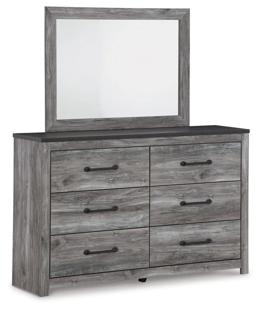 Bronyan King Panel Bed with Mirrored Dresser and Chest in Dark Gray