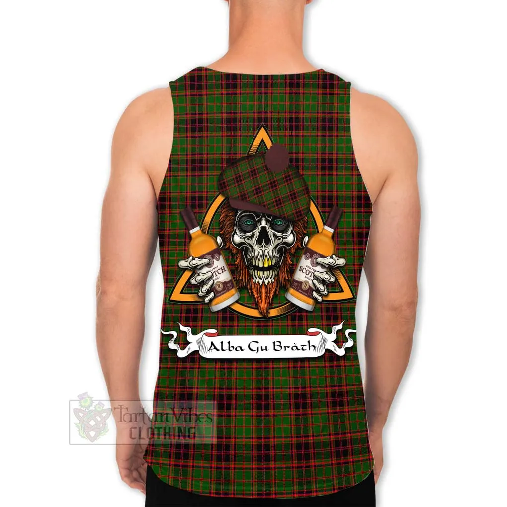 Buchan Tartan Men's Tank Top with Family Crest and Bearded Skull Holding Bottles of Whiskey