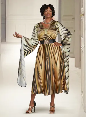Donna Vinci 12078 - Gold - Cloak Sleeve Dress with Belt