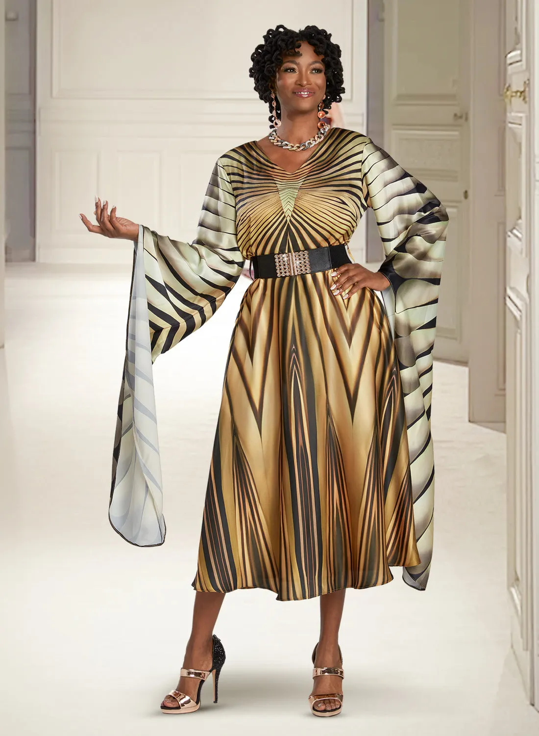 Donna Vinci 12078 - Gold - Cloak Sleeve Dress with Belt