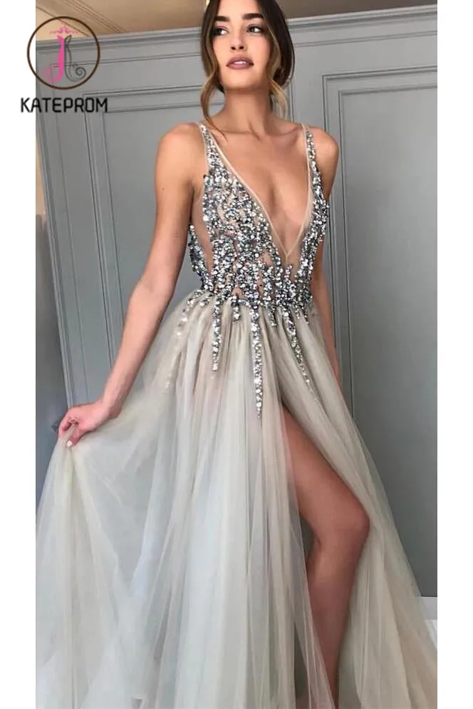 Gray Deep V-neck Side Slit Prom Dresses,Tulle Sleeveless Formal Dress With Sequins and Beads KPP0131