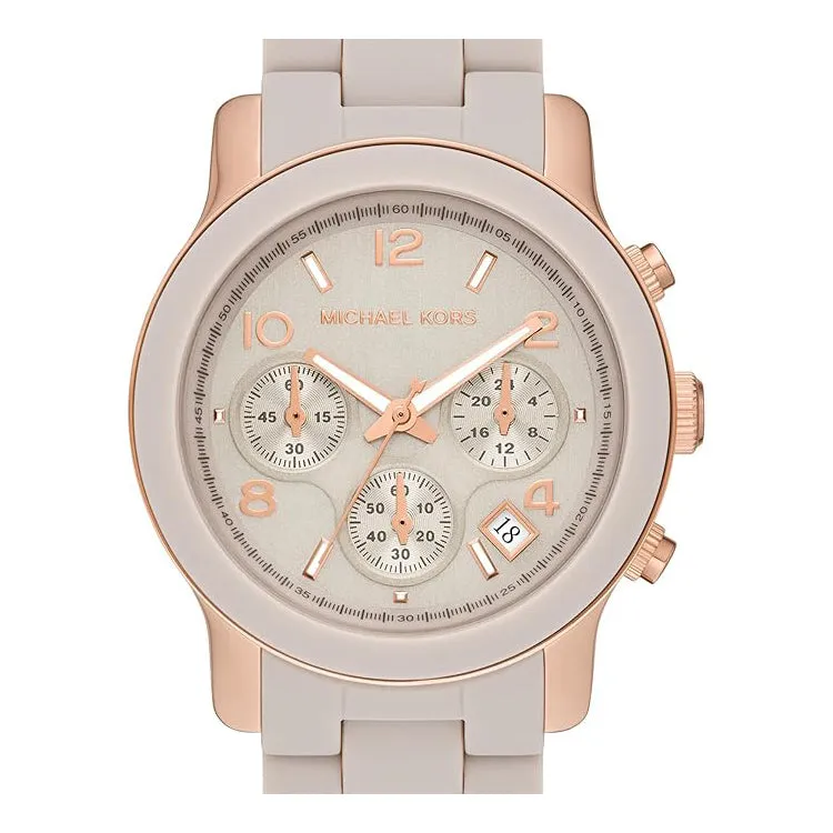 Michael Kors Runway Chronograph Women's Gray Dial Beige Stainless Steel Band Analog Quartz Watch - MK7386