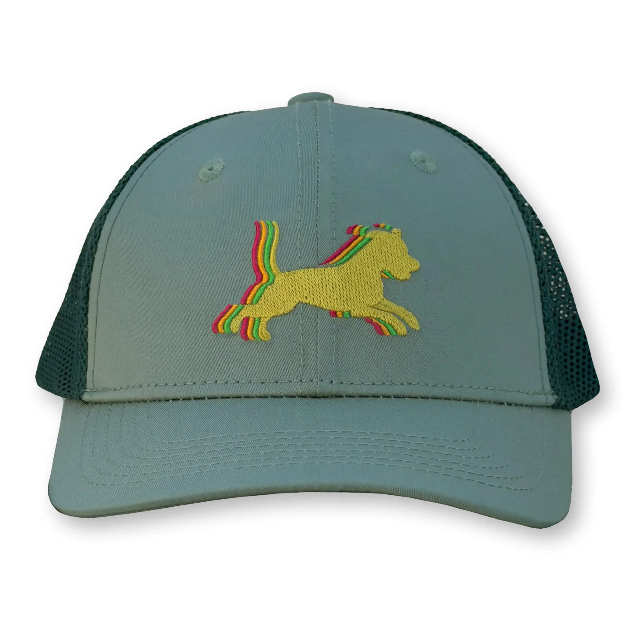 Runaway Jim Trucker Hat / Eton Polycotton Blend with Lagoon Mesh and Chartreuse Dog