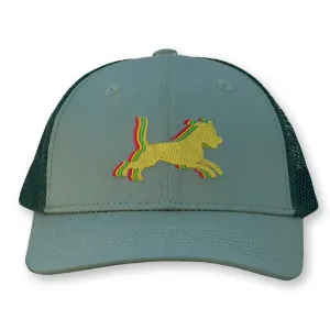 Runaway Jim Trucker Hat / Eton Polycotton Blend with Lagoon Mesh and Chartreuse Dog