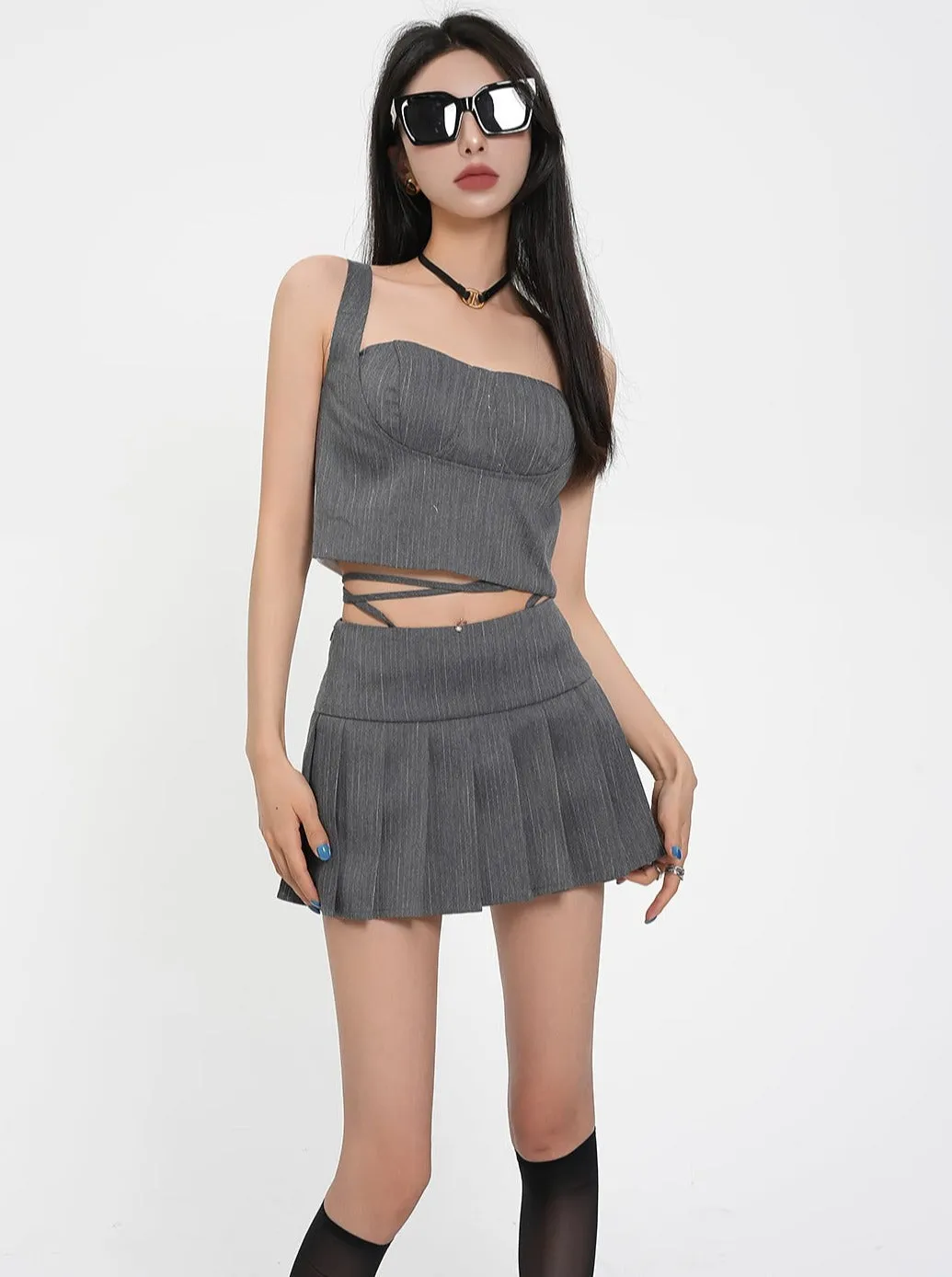 Sleek Satin Bustier Crop Top - Charcoal Gray Strapless Corset Blouse