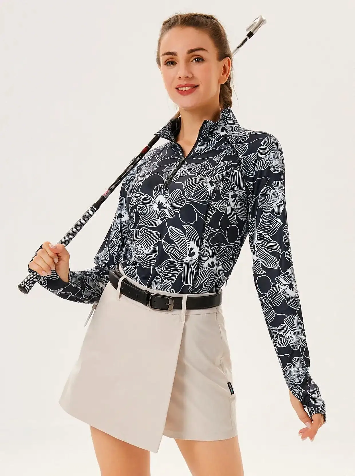 White Floral Quarter-zip Long-sleeve Fleece Tops for Women