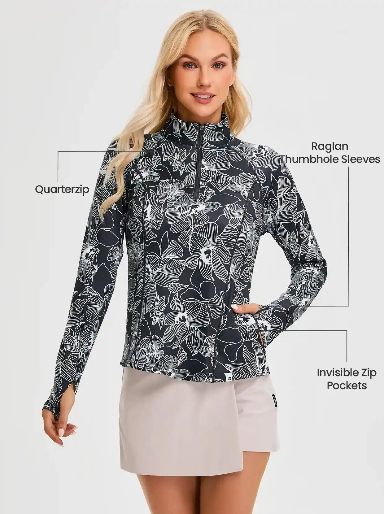 White Floral Quarter-zip Long-sleeve Fleece Tops for Women